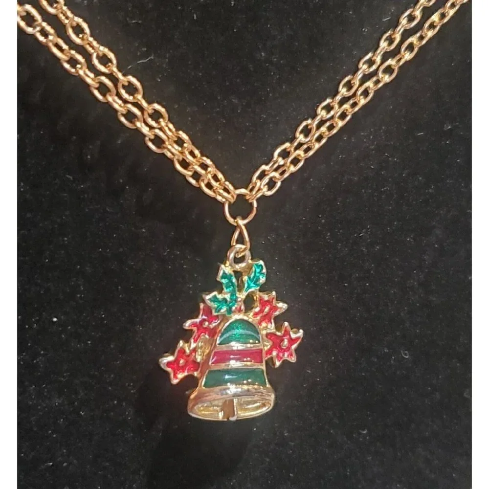 Christmas Bell Pendant Gold Tone Double Chain Necklace 22.5" Holiday Jewelry - Picture 5 of 7